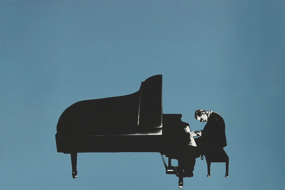 image illustrée pianiste bill evans bleu et noir
